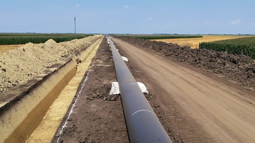 Drone Vertically Ascending Above Natural Gas Pipeline Construction Site - Turkish Stream. Construction of Turkish Stream Natural Gas Pipeline.