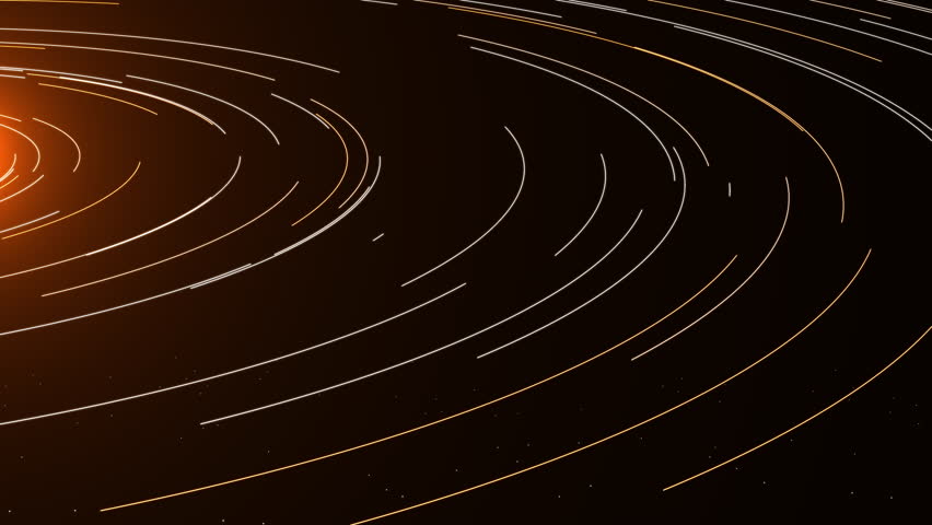 Abstract background in the form of curves rotating around a glowing yellow center. Planetary system.