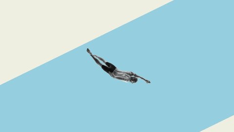 Stop motion, animation. Muscular athletic young man, swimmer in motion, swimming, training over blue white background. Contemporary art. Concept of sport, competition, vacation, hobby Video stock