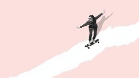 Stop motion, animation. Woman riding on skateboard on pastel background. Contemporary art. Inspiration, idea, trendy urban magazine style. Concept of vacation, leisure activity, fun, enjoyment - Powered by Shutterstock - Get 15% off with code: PIKWIZARD15