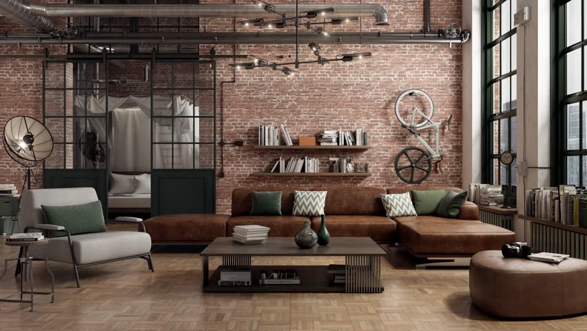 Loft living room interior adapted as a modern and spacious apartment presented in different color versions. Decors and materials change the character and perception of the composition. 3D animation.