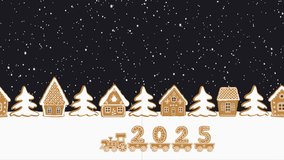 New Year animation. Gingerbread village. Fairytale winter landscape. Gingerbread houses, fir trees on dark blue. Train with Christmas cookies in the form of numbers of the 2025 year rides past houses - Powered by Shutterstock - Get 15% off with code: PIKWIZARD15