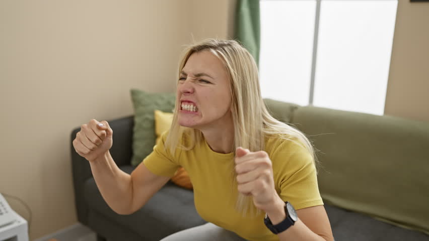 Blonde bombshell in t-shirt unleashes furious rage at home, angry, mad, and frustrated woman shouting with aggressive fury, raising fists in stress and frustration Royalty-Free Stock Footage #3459026067