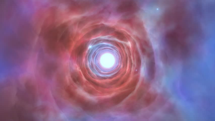 Passing through a magical glowing tunnel, fantasy nebula clouds of blue pink energy and particles of light. Flying forward through an abstract dynamic endless ethereal dream-like background. 4k 60fps.