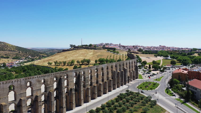 The magnificent Aqueduct of Elvas , Europe, Portugal, Alentejo, Portalegre, in summer on a sunny day.