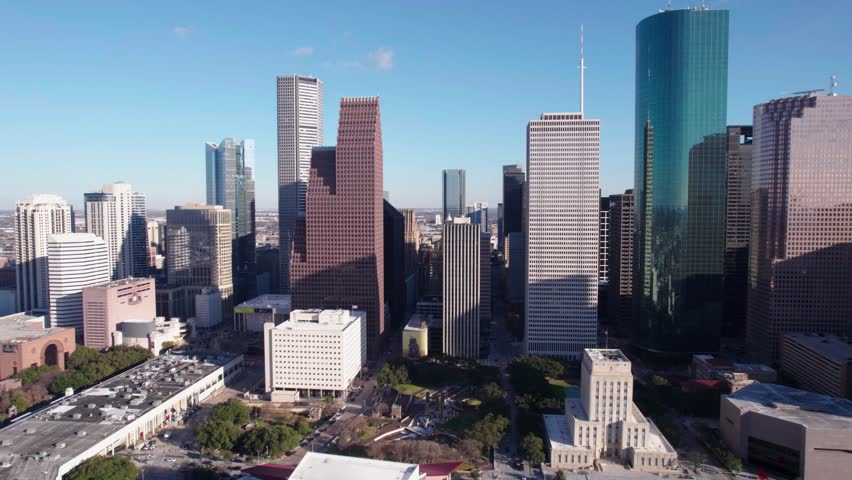 Aerial View of Downtown Houston Skyscrapers and City Hall Building, Texas USA, Drone Shot
