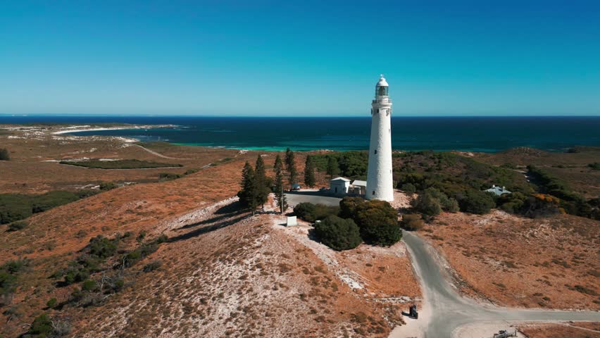 aerial view over Wadjemup Lighthouse on Rottnest Island on a clear sunny day during summer, Western Australia