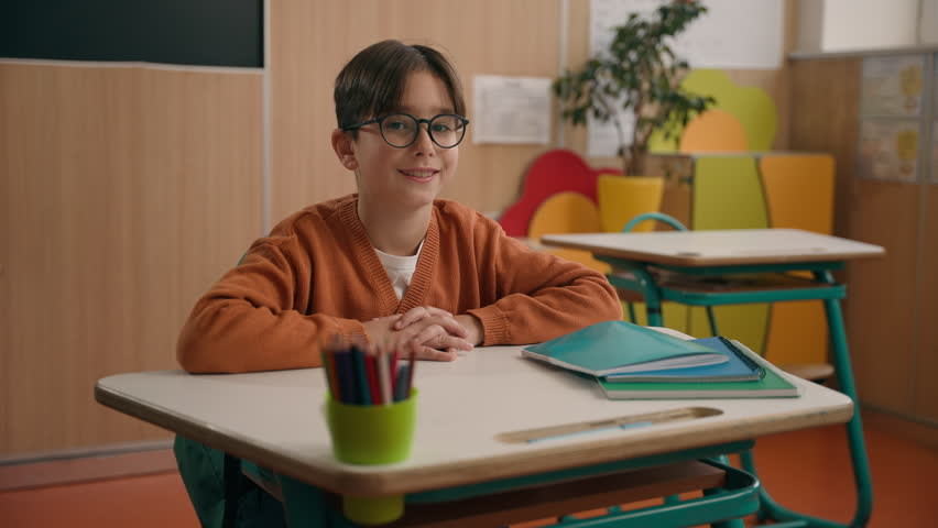 Portrait little smiling Caucasian boy in eyeglasses healthy son looking at camera sitting at table primary school classroom smile kid schoolboy child baby pupil student studying education at desk Royalty-Free Stock Footage #3459089069