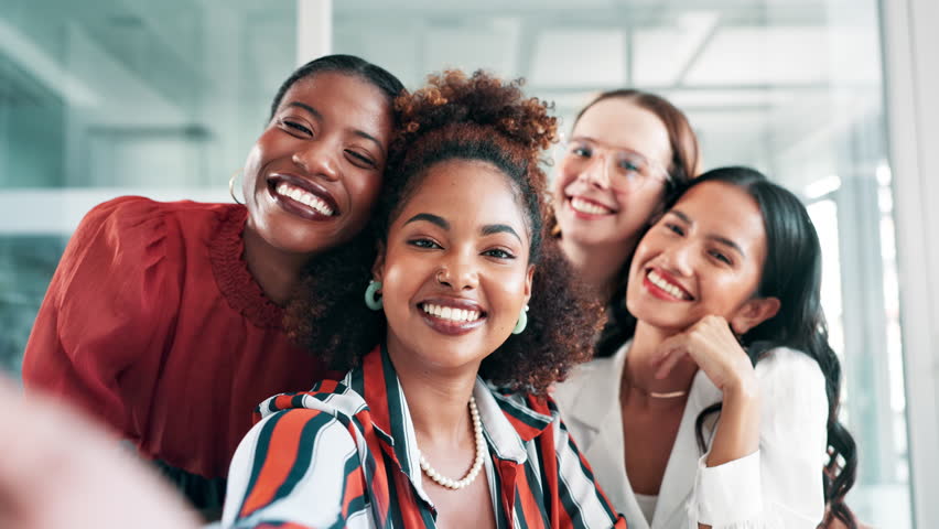 Happy woman, colleagues and selfie with friends at office for photography, goofy or silly picture. Portrait of person or group of employees with smile for photo or fun moment together at workplace Royalty-Free Stock Footage #3459092645