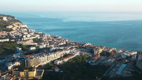 Aerial view drone video of the city of Sesimbra, Portugal, winter, 2024