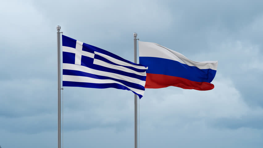 Russian Federation and Greece flag waving together on cloudy sky, endless seamless loop Royalty-Free Stock Footage #3459157891