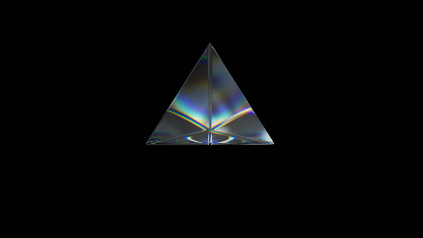 3d Transparent rotating glossy pyramid with dispersion effect. Rainbow colors reflection glass. 3d render animation loopable