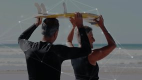 Animation of network of connections over senior caucasian couple walking on beach with surfboard. Global business, nature and digital interface concept digitally generated video. - Powered by Shutterstock - Get 15% off with code: PIKWIZARD15