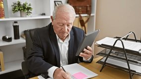 Serious senior businessman, an elegant man with grey hair, diligently working in a relaxed indoor office room, taking notes on his touchpad while sitting at his desk. - Powered by Shutterstock - Get 15% off with code: PIKWIZARD15