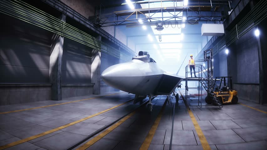Production of military fighter jet f 22 raptor at the factory. Military factory weapon. Realistic 4k animation.