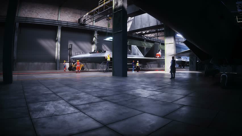 Production of military fighter jet f 22 raptor at the factory. Military factory weapon. Realistic 4k animation.