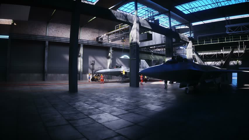 Production of military fighter jet f 22 raptor at the factory. Military factory weapon. Realistic 4k animation.