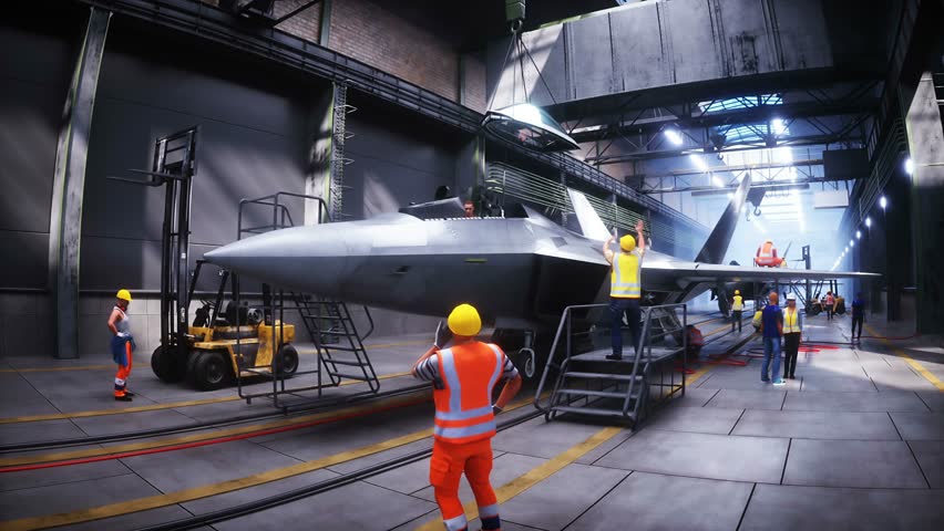 Production of military fighter jet f 22 raptor at the factory. Military factory weapon. Realistic 4k animation.