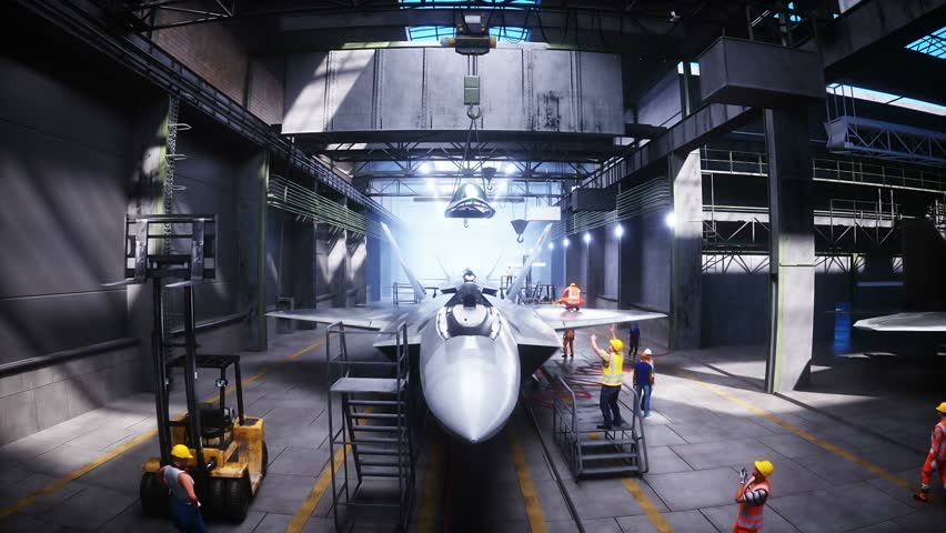 Production of military fighter jet f 22 raptor at the factory. Military factory weapon. Realistic 4k animation.