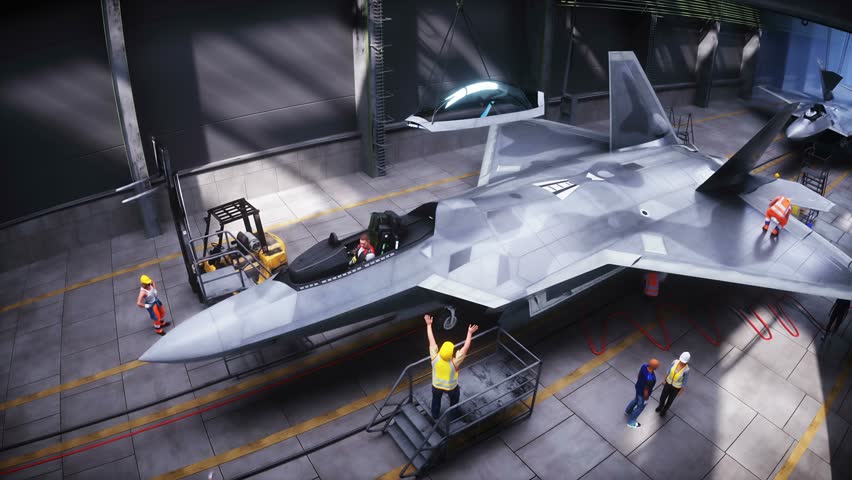 Production of military fighter jet f 22 raptor at the factory. Military factory weapon. Realistic 4k animation.