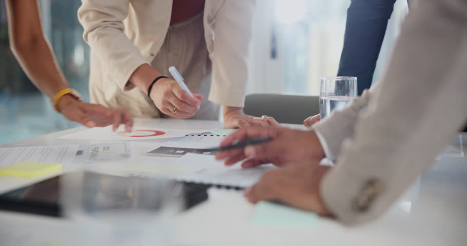 Team, documents and hands of business people in office with graphs or statistics for planning. Career, meeting and group of professional designers working with paperwork for project in workplace.