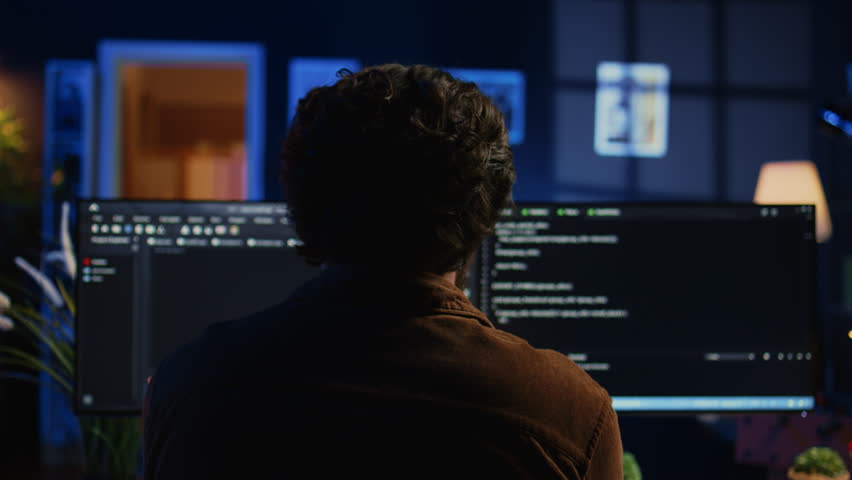 Engineer wearing headphones while using coding to fortify security, remotely working for IT company. Software expert listening music and upgrading binary code scripts on computer, camera B Royalty-Free Stock Footage #3459295491