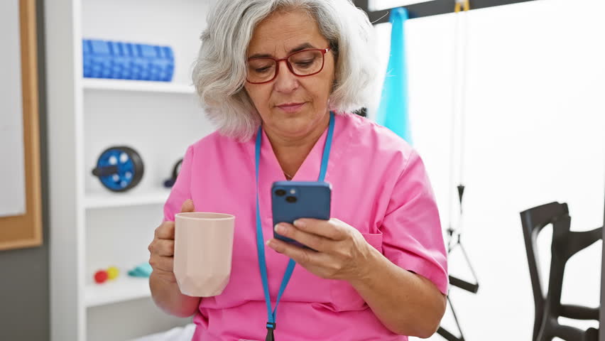 Mature woman in pink scrubs sipping coffee and checking her phone in a clinic