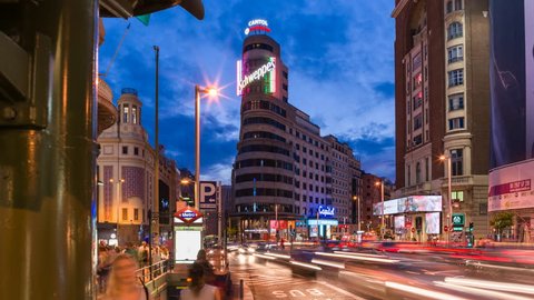 MADRID - OCTOBER, 2017. Night time lapse of Gran Via street in Madrid