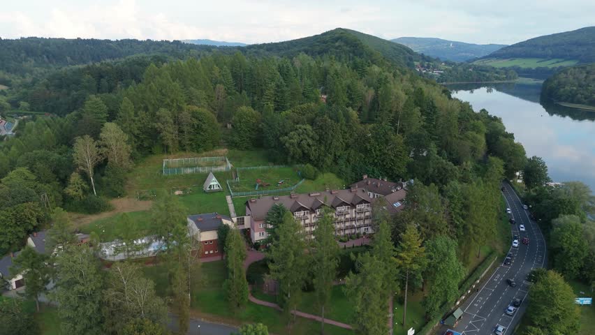 Landscape Houses Hill Lake Myczkowce Mountains Bieszczady Aerial View Poland