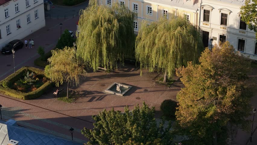 Beautiful Saint Square Fountain Old Town Sanok Aerial View Poland