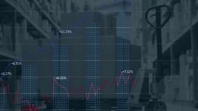 Animation of financial data processing over warehouse. Global shipping, finance, business, connections, computing and data processing concept digitally generated video. - Powered by Shutterstock - Get 15% off with code: PIKWIZARD15