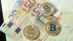 Currency Fusion, Bitcoins Close Up on Euro Background, Explore the fusion of currencies with a close up view of bitcoins against a euro currency background, illustrating the coexistence of tradition