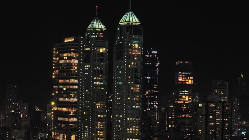 Mumbai city at night. Mumbai's iconic financial district with this stunning aerial cityscape view. Arial view of Mumbai Skyline, high-rise buildings at South Mumbai, Maharashtra India. 