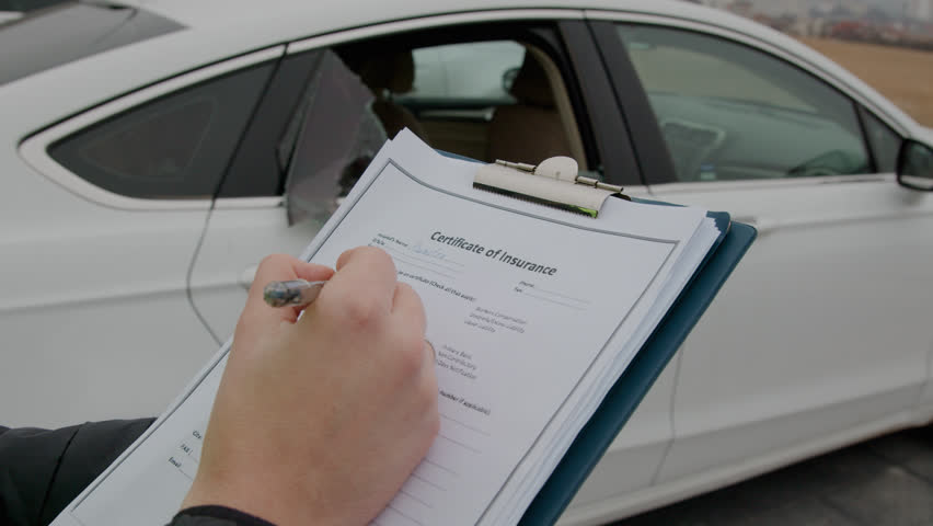 Car parked with a broken window. an insurance questionnaire is presented in the foreground, against the background of a white car with a broken window. Royalty-Free Stock Footage #3459478927