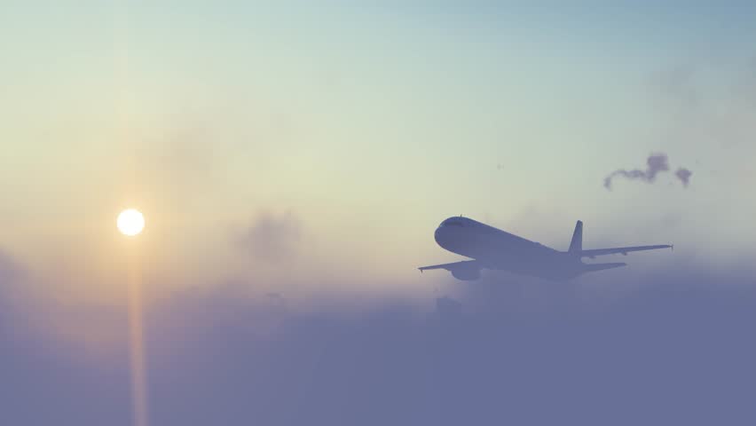 Plane takes off and flies through the clouds