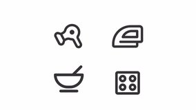 Household line animation library. Animated home appliances icons. Daily routine. Food preparation. Black illustrations on white background. HD video with alpha channel. Motion graphic