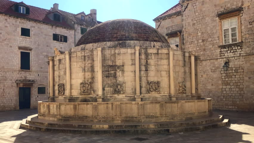 Large stone spring water fountain. Onofrios Large Fountain. Historic old town. UNESCO World Heritage site. Fortified city of Dubrovnik, Croatia. Europe.