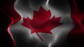 Canadian flag waving in the wind on black background. Concept of patriotism, symbol of statehood and national identity. Flapping flag of Canada made of wavy digital pixelated lines, 4K looped video