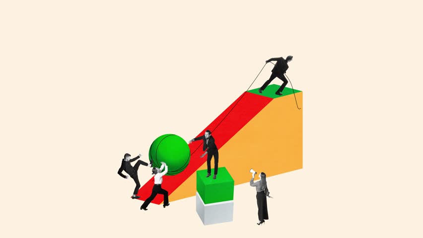 Assistance and cooperation. Group of employees, colleagues helping to lift giant ball on top, working on success. Stop motion, animation. Concept of business, teamwork, motivation, ambitions