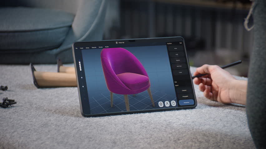 Creative man uses professional furniture design and 3D modeling ai software working on tablet computer with digital pencil. Designer creates 3D model of stylish wooden chair, prepares carpentry Royalty-Free Stock Footage #3459557943