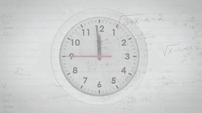 Animation of mathematical equations over clock on white background. Global science, computing and digital interface concept digitally generated video. - Powered by Shutterstock - Get 15% off with code: PIKWIZARD15