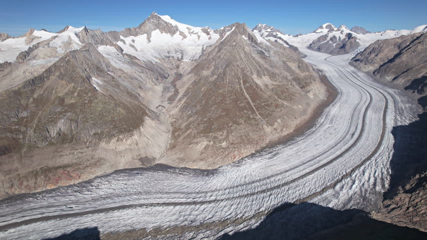 Aerial panorama of Great Aletsch Glacier (Grosser Aletschgletscher), the largest glacier in the Alps in Valais, Switzerland.