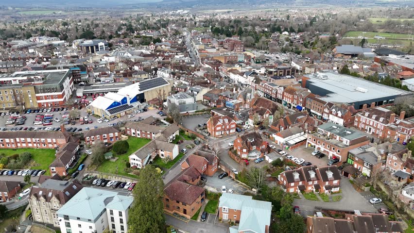 Ascending drone,aerial Sevenoaks town Kent UK town centre Royalty-Free Stock Footage #3459671359