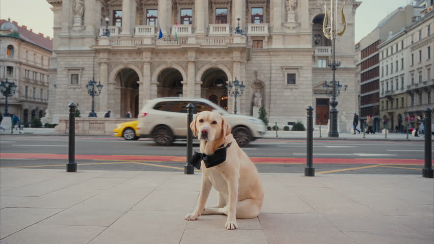 Cute Labrador Retriever sits on the street while looking around. Dog sitting in front the Opera House in Budapest, Hungary. Elegant puppy sits by the car road. tourist dog, cars drive past, busy road