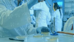 Animation of mathematical equations over diverse scientists working in lab. Global science, technology and digital interface concept digitally generated video. - Powered by Shutterstock - Get 15% off with code: PIKWIZARD15