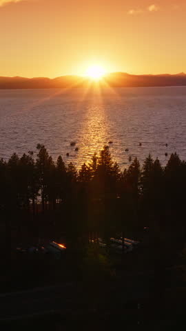 Dark silhouettes of pine trees on the waterfront of Lake Tahoe, California, USA. Numerous boats sailing on the water. Setting sun behind the mountains at backdrop. Vertical video.