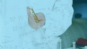 Animation of mathematical equations over caucasian male scientist working in lab. Global science, technology and digital interface concept digitally generated video.