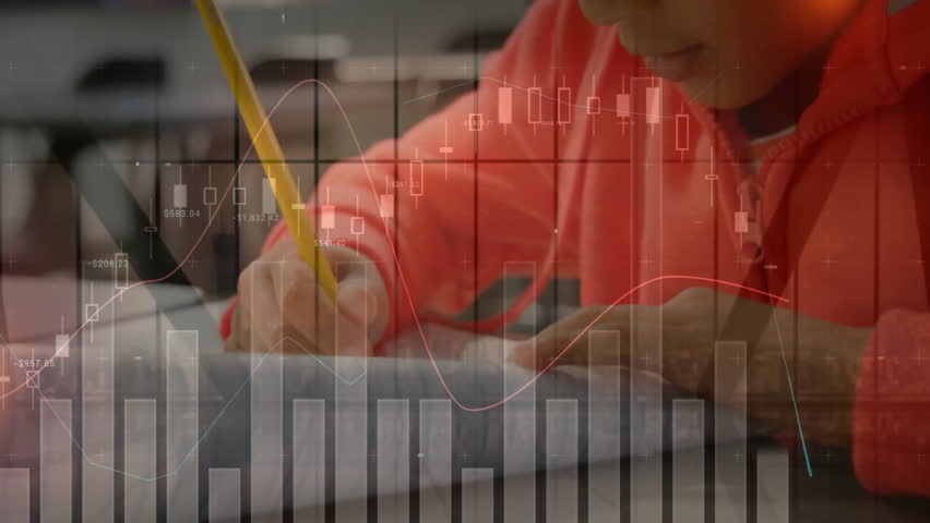 Animation of financial data processing over biracial schoolboy in class. Global finances, computing, education and digital interface concept digitally generated video. - Powered by Shutterstock - Get 15% off with code: PIKWIZARD15