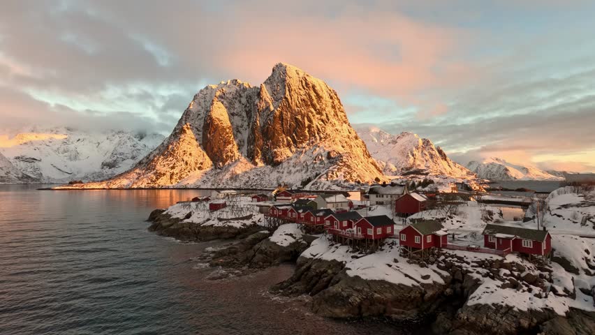 Stunning winter sunset at Hamnoy in Reine, Lofoten
