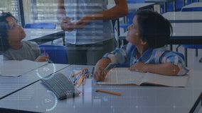 Animation of financial data processing over diverse teacher and schoolchildren in class. Global finances, computing, education and digital interface concept digitally generated video. - Powered by Shutterstock - Get 15% off with code: PIKWIZARD15